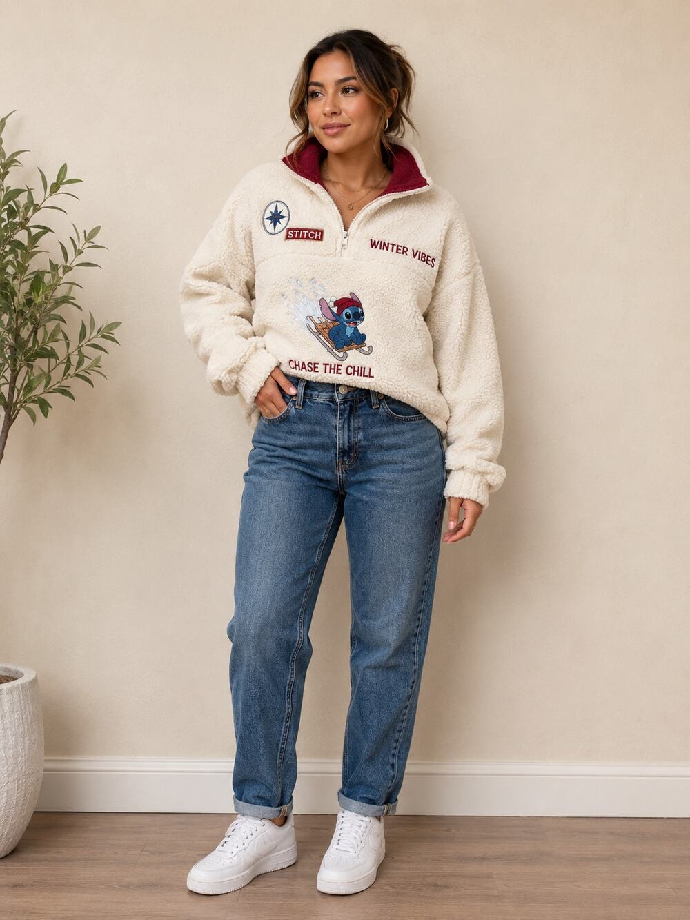 Disney Stitch Sherpa Quarter Zip Pullover Women's Medium NWT Winter Vibes